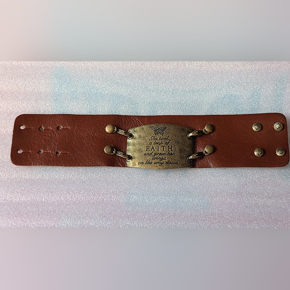 Leather and gold quote cuff bracelet